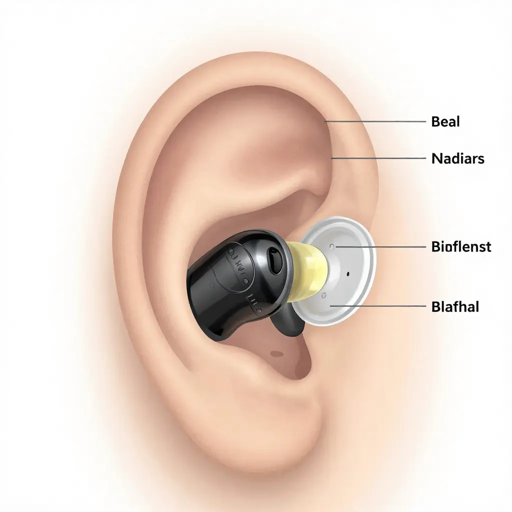 In-ear monitor earbuds inside ear canal with noise isolation diagram