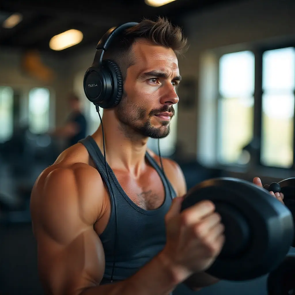 Person wearing over-ear headphones during gym workout and fitness training
