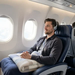 Traveler using noise-cancelling earbuds on a plane