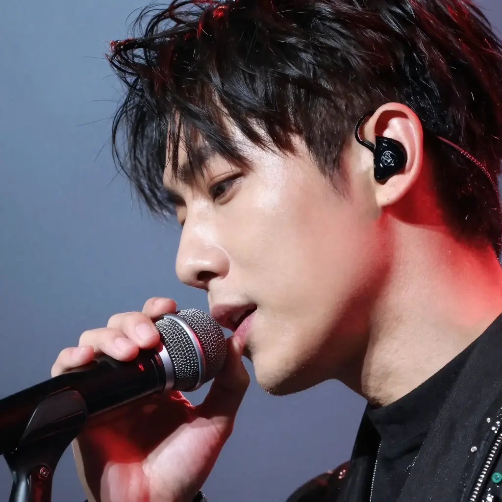 musician using in-ear monitor headphones on stage