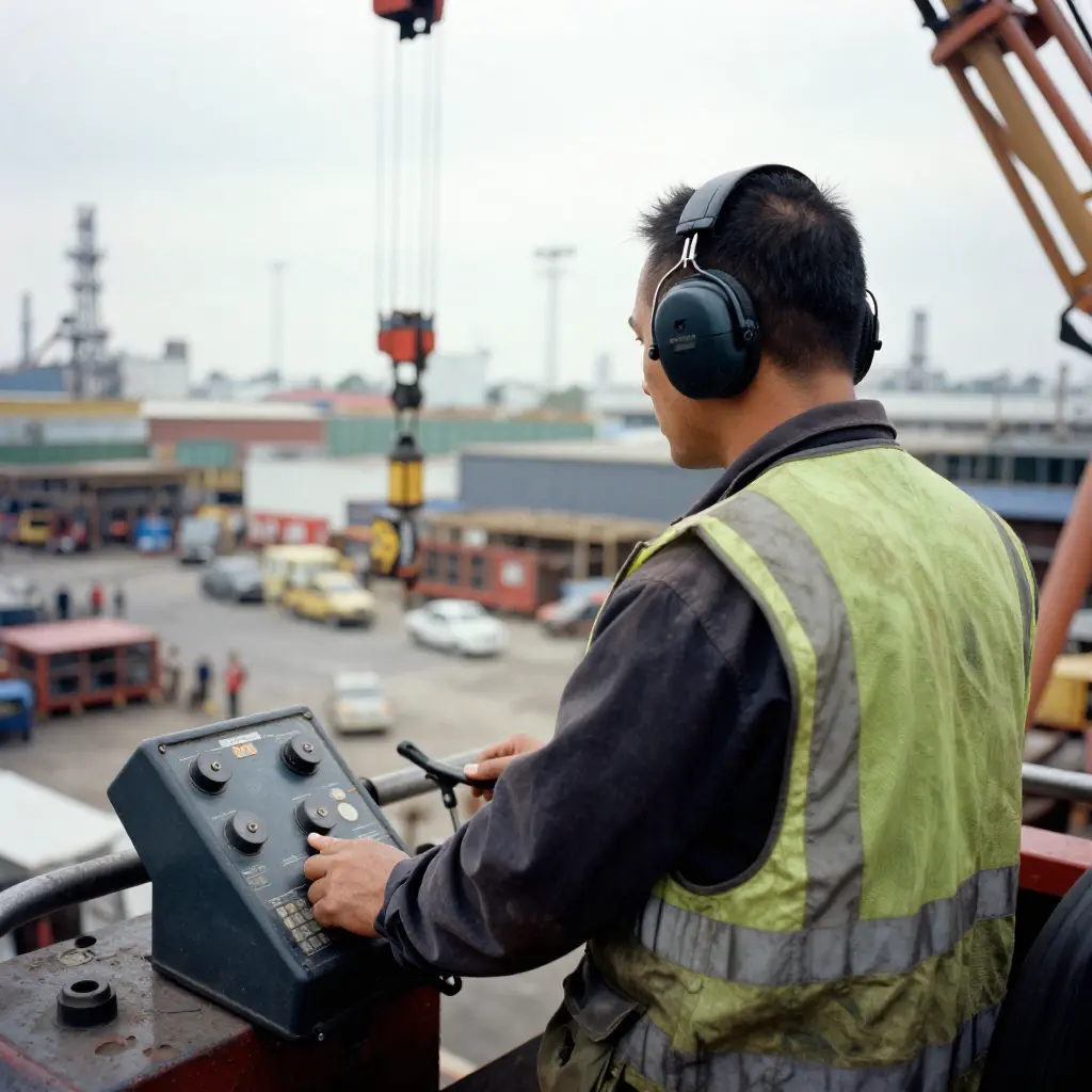 Construction worker using noise cancelling headphones on site