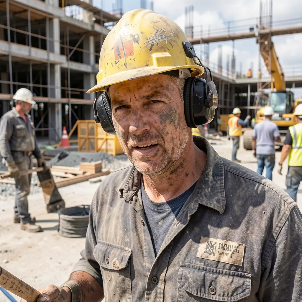Construction worker wearing noise cancelling headphones on a noisy job site