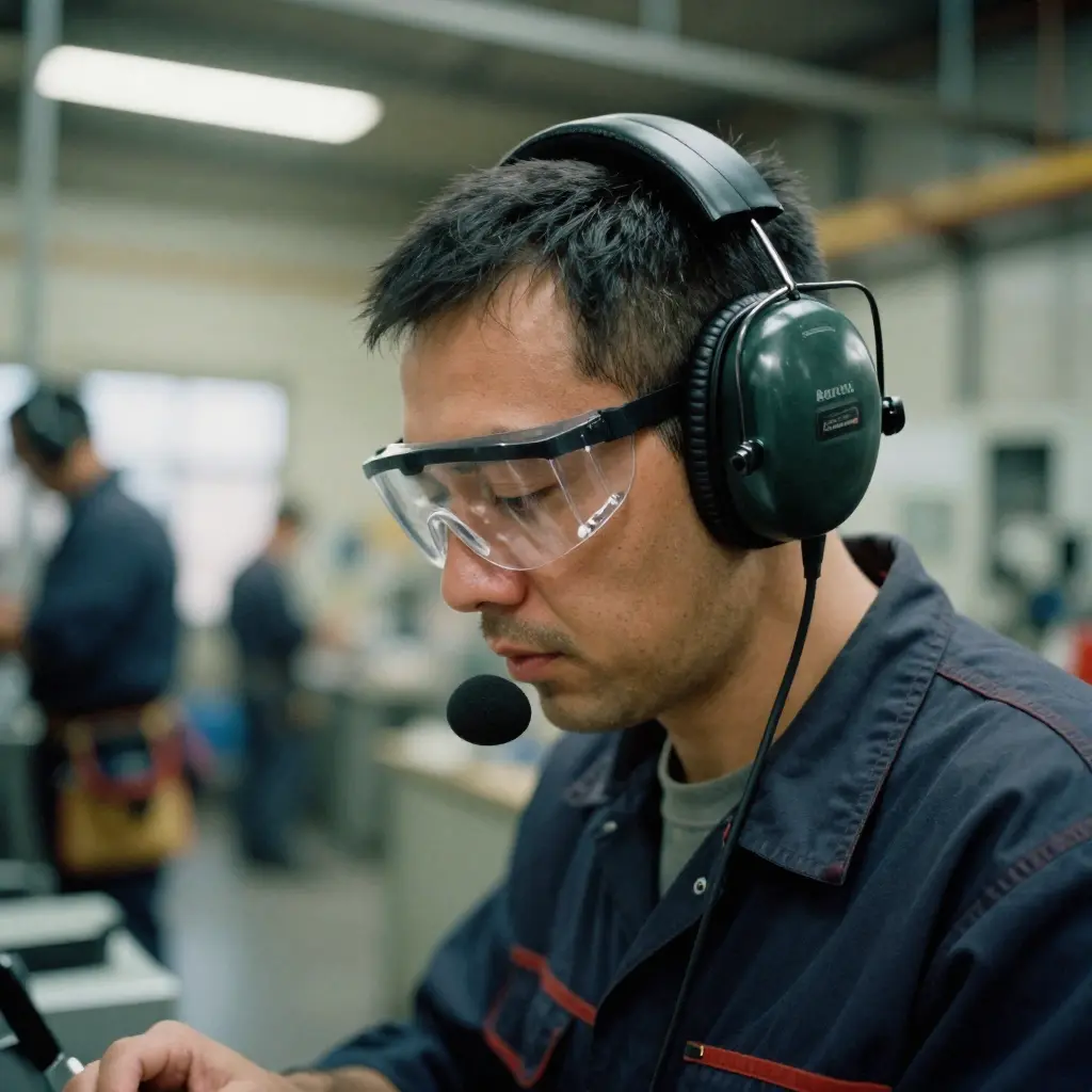 Worker wearing noise cancelling headphones in a loud work environment